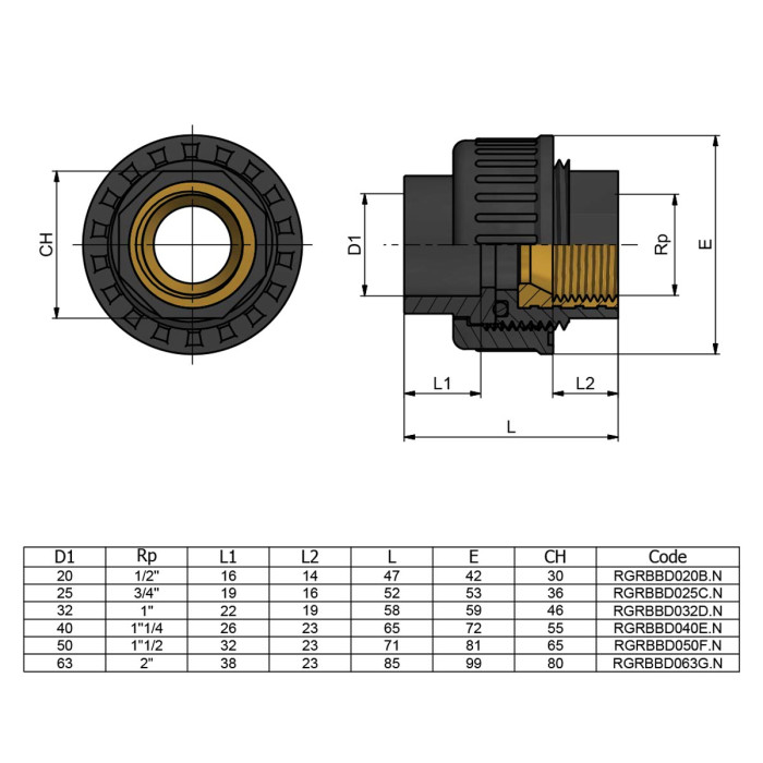 Муфта ПВХ Effast RGRBBD040E.N перехідна, з внутрішньою різьбою d40x1-1/4"
