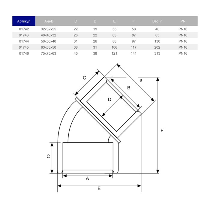 Коліно клейове 45° ПВХ Hidroten 1001744, редукційне, d50x50x40 мм