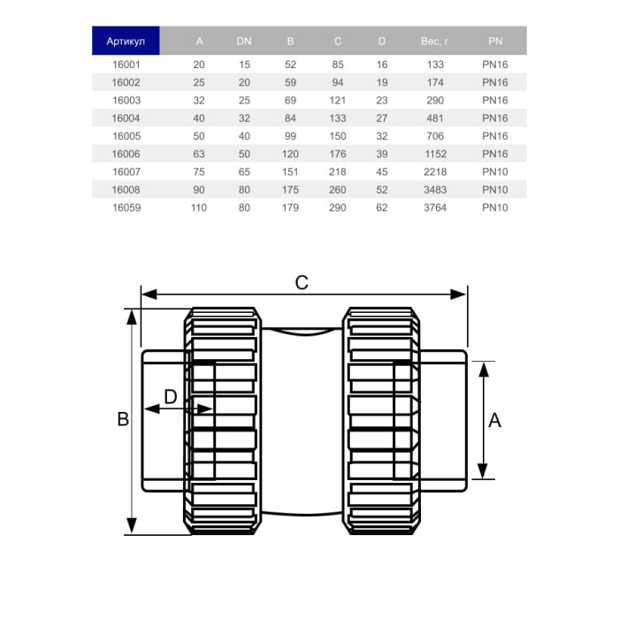 Зворотний клапан ПВХ Hidroten 1016006 пружинний, з ущільненням EPDM, d63 мм